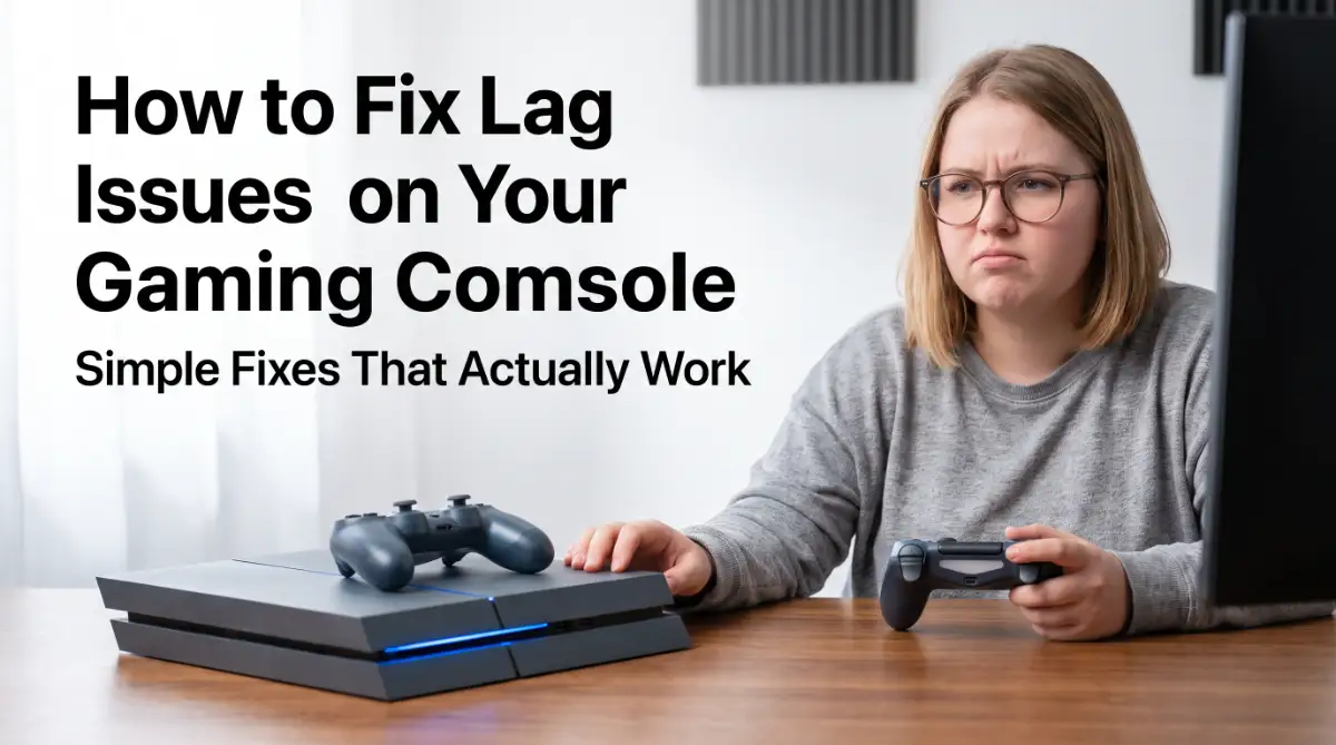 A woman holds a game controller next to a modern gaming console while focused on fixing lag issues for smoother gameplay.