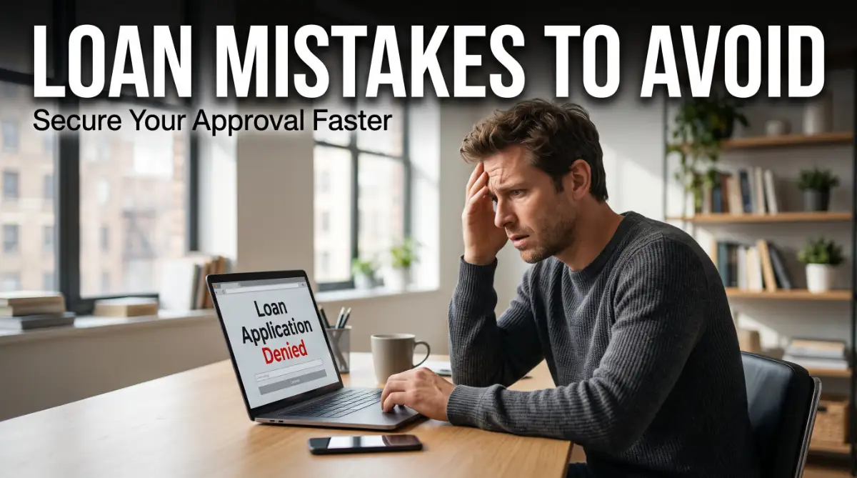A worried person looking at a rejected loan application on a laptop, illustrating the stress of making common financial mistakes.