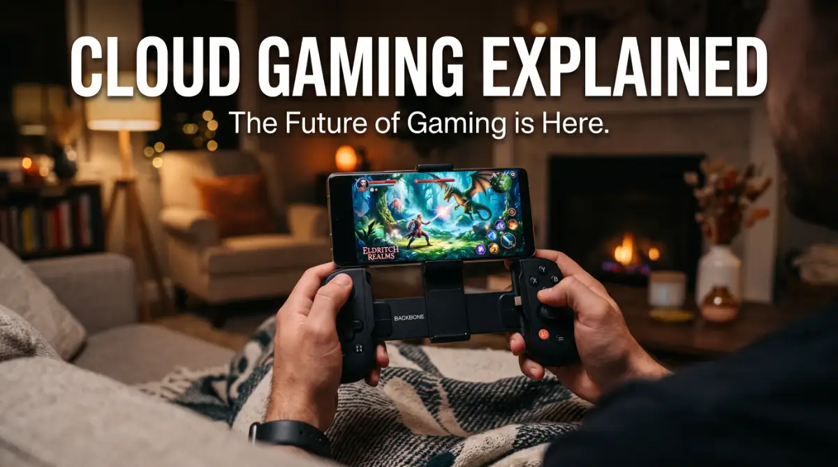 A high-end video game being played on a smartphone using a controller clip, illustrating the power of cloud gaming technology.
