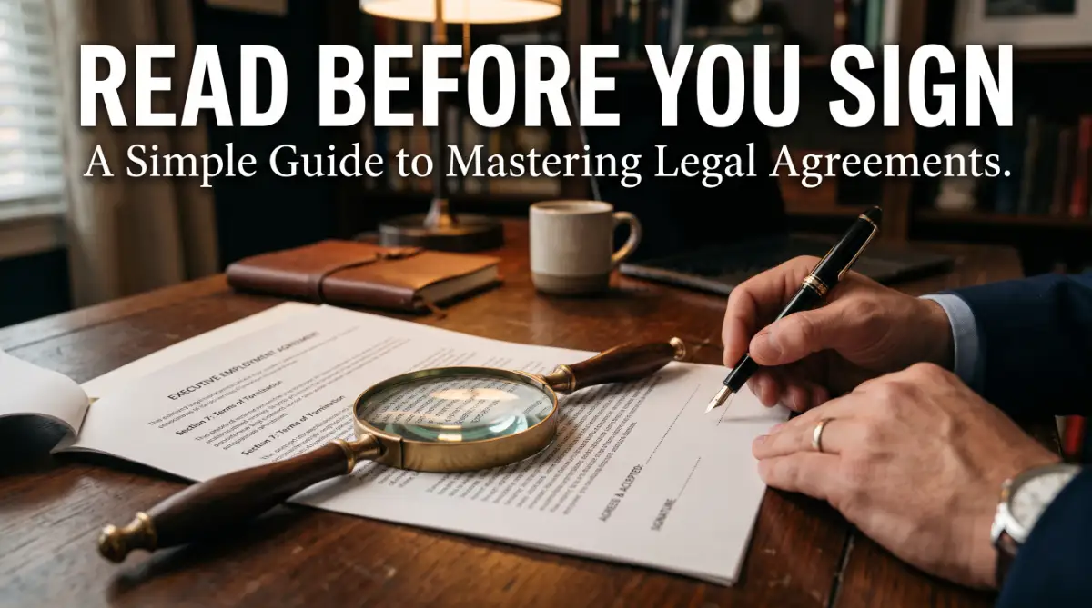 A cinematic close-up of a person carefully reviewing a legal contract with a magnifying glass before signing.