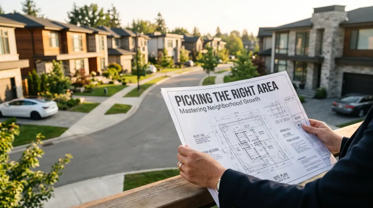 A professional and cinematic view of a residential neighborhood being analyzed for long-term investment growth and property value appreciation.