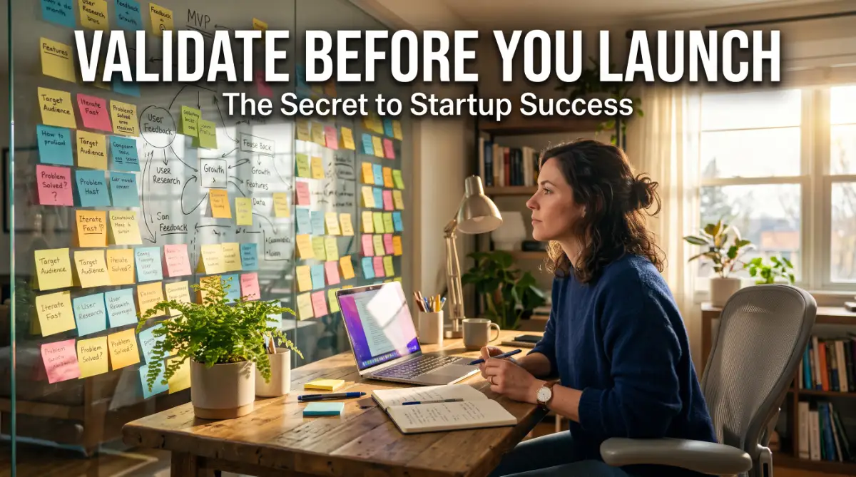 A professional entrepreneur analyzing business data and sticky notes to validate a small business idea before the official public launch.
