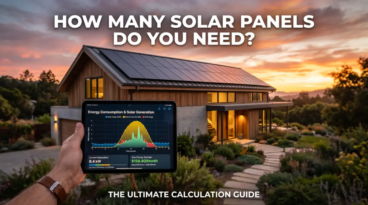 A modern house with solar panels on the roof under a sunset, showing a tablet with energy data to help calculate solar requirements.