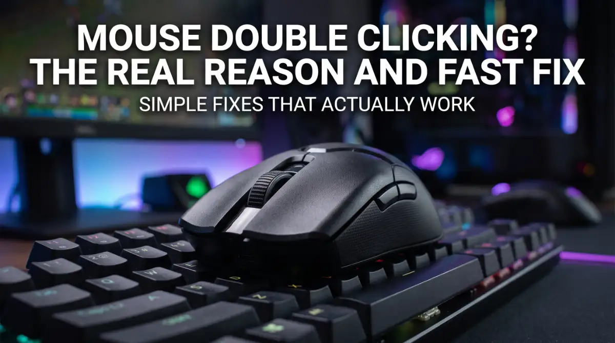 A gaming mouse resting on a mechanical keyboard, illustrating the common issue of mouse double clicking and how to fix it.
