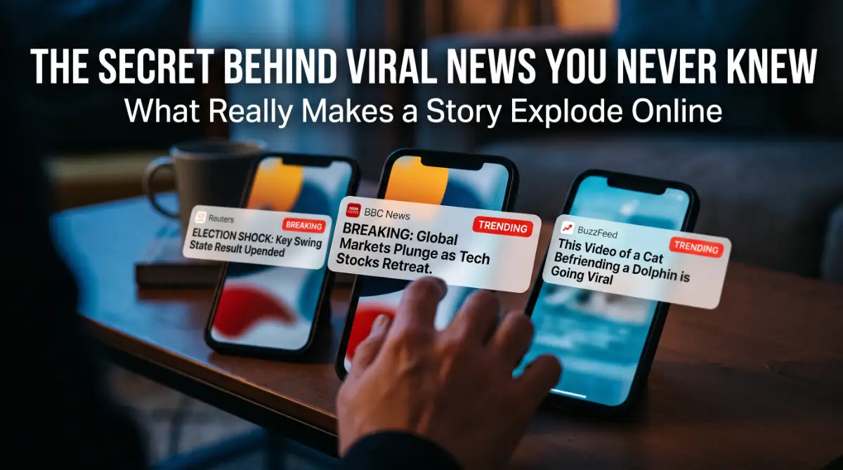 Multiple smartphones glowing in a dark room show breaking news alerts, illustrating why viral news spreads so quickly online.