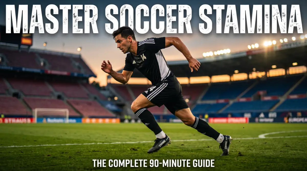 A professional soccer player sprinting on a green field to improve soccer stamina and endurance for a full 90-minute match.
