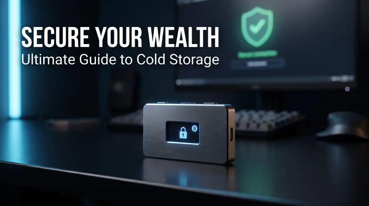 A premium hardware wallet sitting on a dark desk with blue lighting, showing the best way to secure digital assets and cryptocurrency.