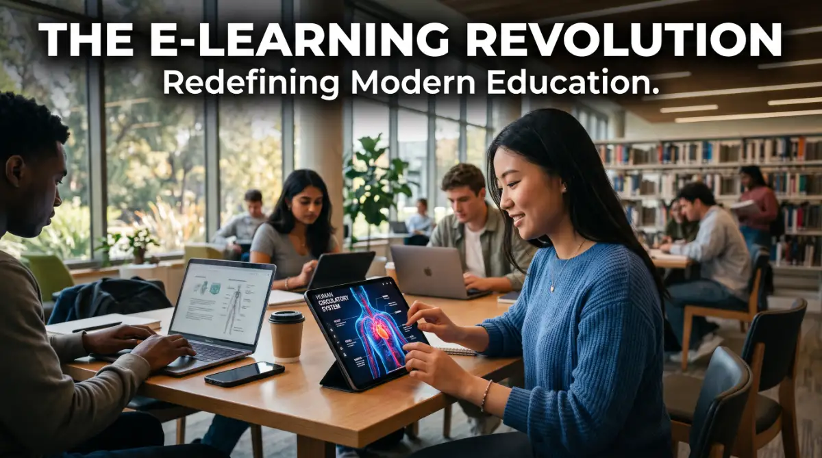 A group of students using advanced digital tools in a library, illustrating how e-learning is transforming modern education systems.