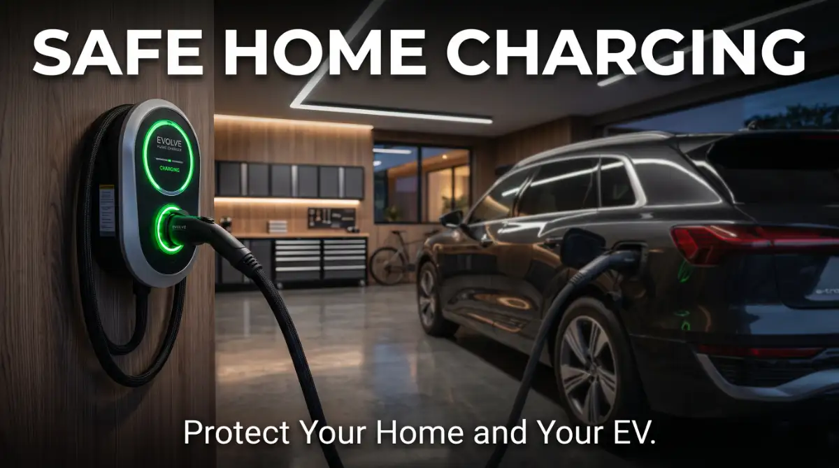 A high-quality image of an electric vehicle charging safely at home using a professional wall-mounted charger to demonstrate safe charging practices.