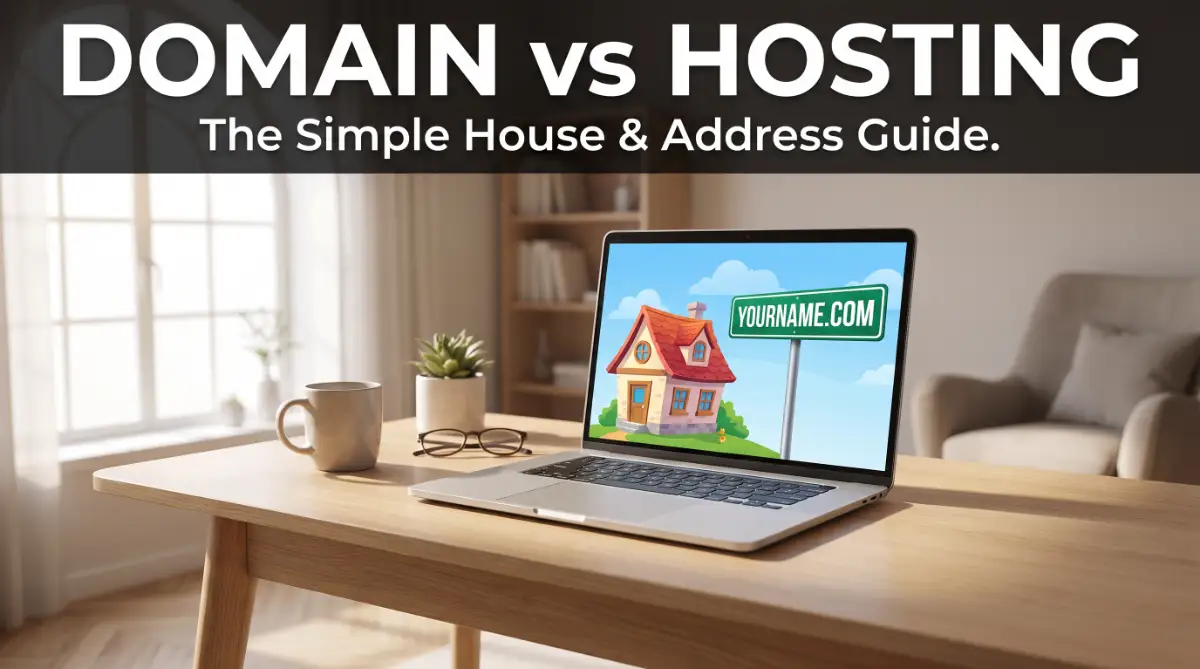 A professional desk setup showing the clear conceptual difference between domain registration and web hosting using a house and address analogy.
