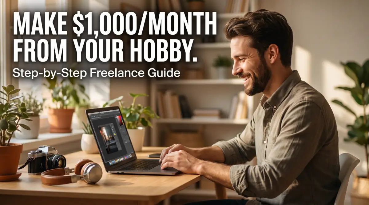A professional freelancer working in a sunny home office, showing how to turn hobbies into a $1,000 per month freelance business.