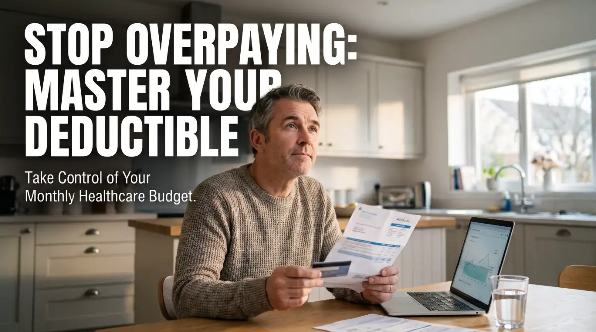 A man at a kitchen table reviewing a medical bill to understand how his health insurance deductible impacts his monthly budget.