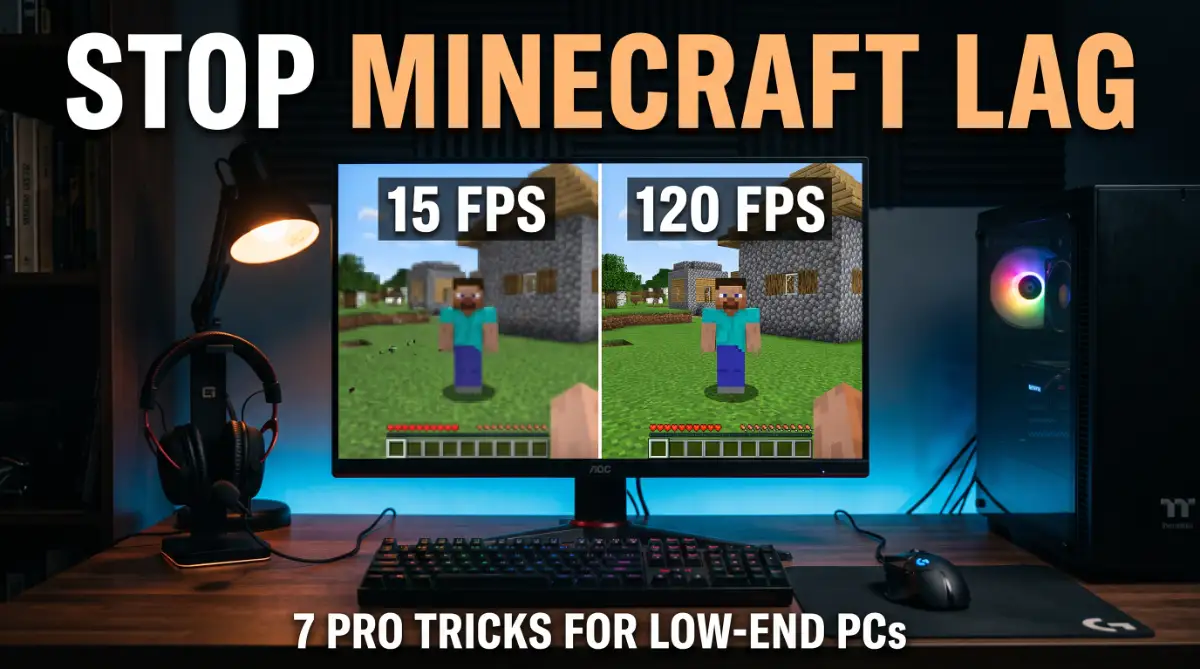 A comparison image showing a low-end PC running Minecraft at low FPS versus high FPS after applying performance hacks.