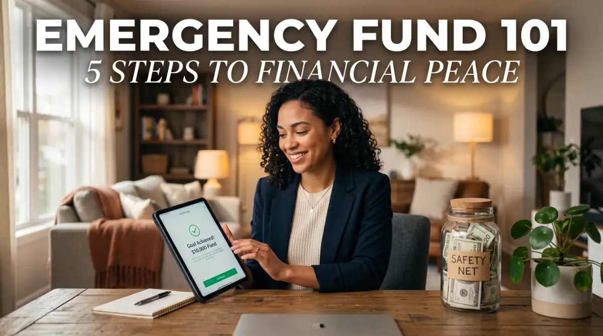 A professional person in a home office looking happy because they built a strong emergency fund for long-term security.