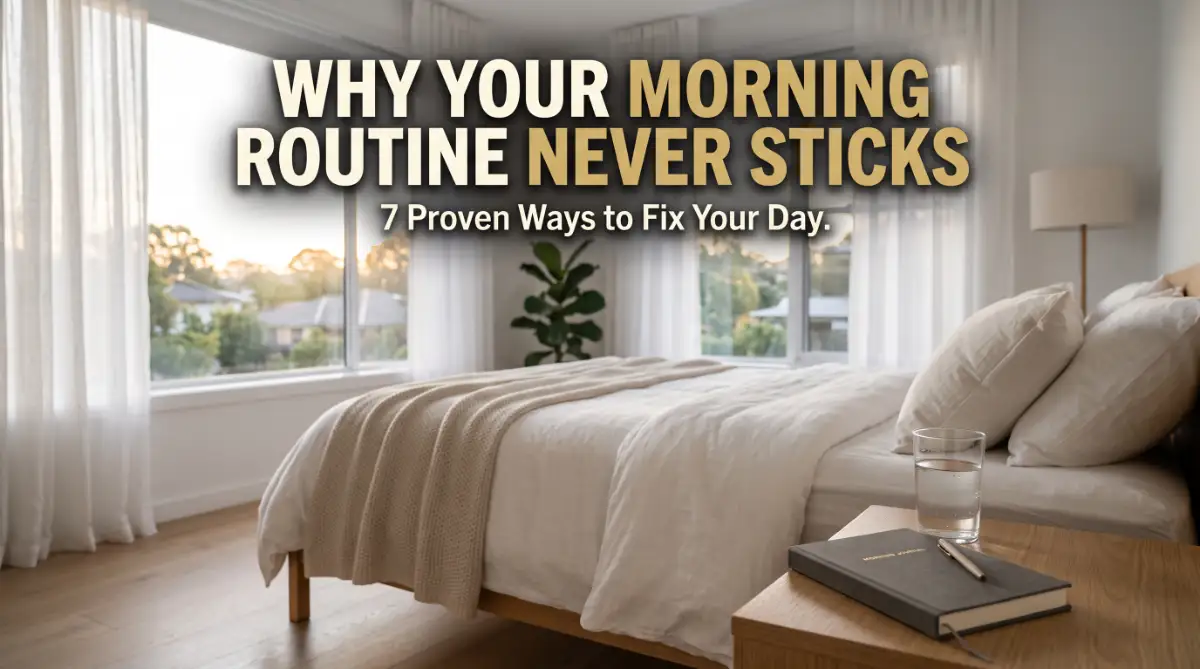 A calm and sunlit bedroom scene representing a peaceful morning routine that actually sticks for a productive day.