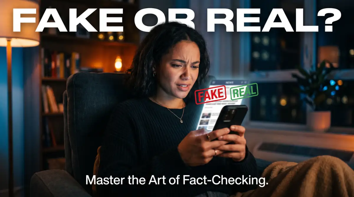 A person looking skeptically at a smartphone screen to determine if a trending story is fake or real, representing digital news literacy.