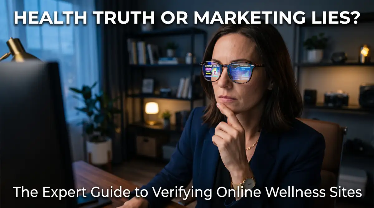 A person carefully examining a wellness website to determine if the health information is backed by science or just clever marketing.