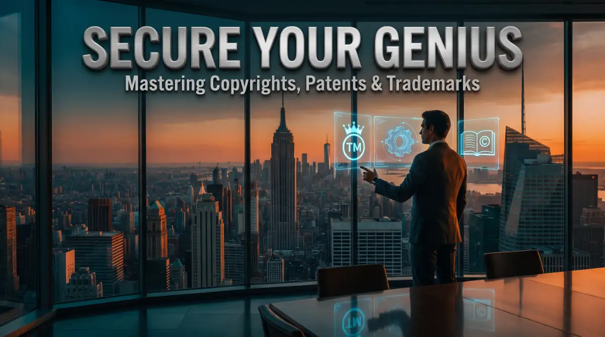 A professional desk setup showing a book, a logo, and an invention to explain the differences between copyright, trademark, and patent.
