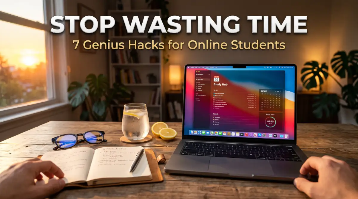 A clean and organized student study desk with a laptop and coffee, showing a professional setup for online learning focus.