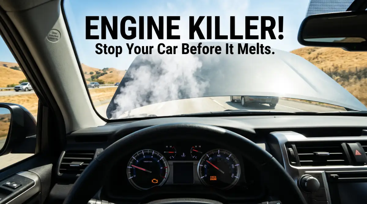 A realistic photo of a car dashboard showing the temperature gauge needle in the red zone, indicating the engine is about to overheat.