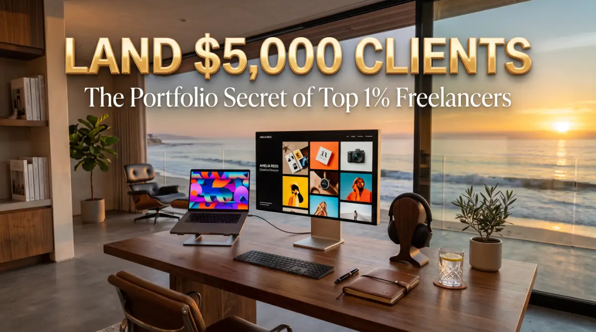 A high-end workspace showing a professional portfolio on a laptop screen to help freelancers land $5k monthly clients.