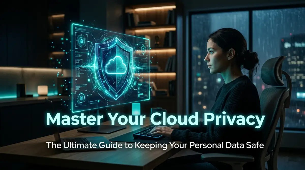 A person managing secure data on a cloud platform with high-level encryption icons.