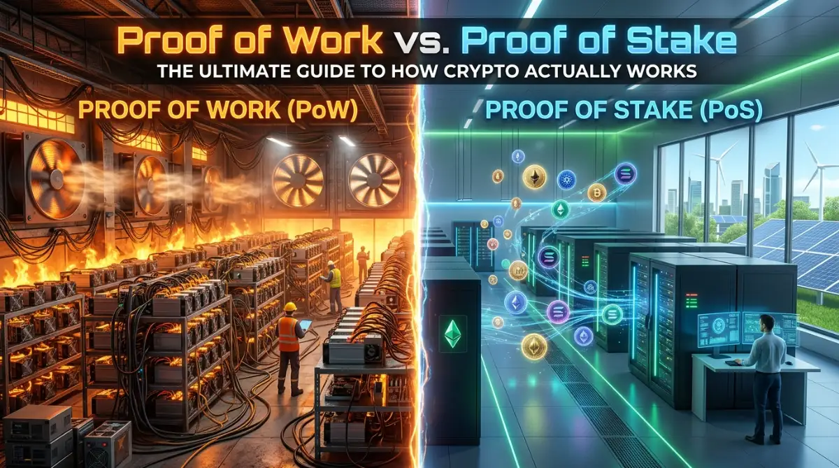 A creative 3D split-screen comparison of Proof of Work mining and Proof of Stake staking.