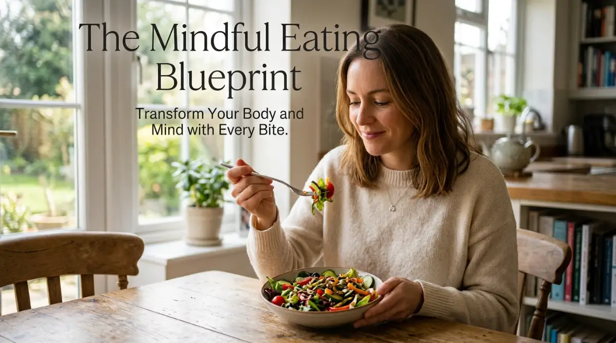 A calm person practicing mindful eating by focusing on their fresh meal to develop healthy food habits.