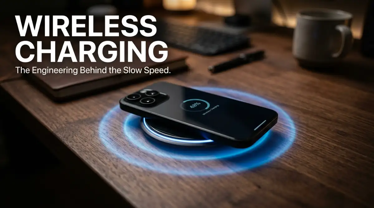 A high-tech smartphone resting on a glowing wireless charging pad with visible energy waves.