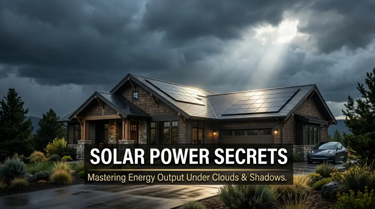 A dramatic shot of solar panels on a home roof under a cloudy sky, illustrating how cloud cover affects the energy output of home solar systems.