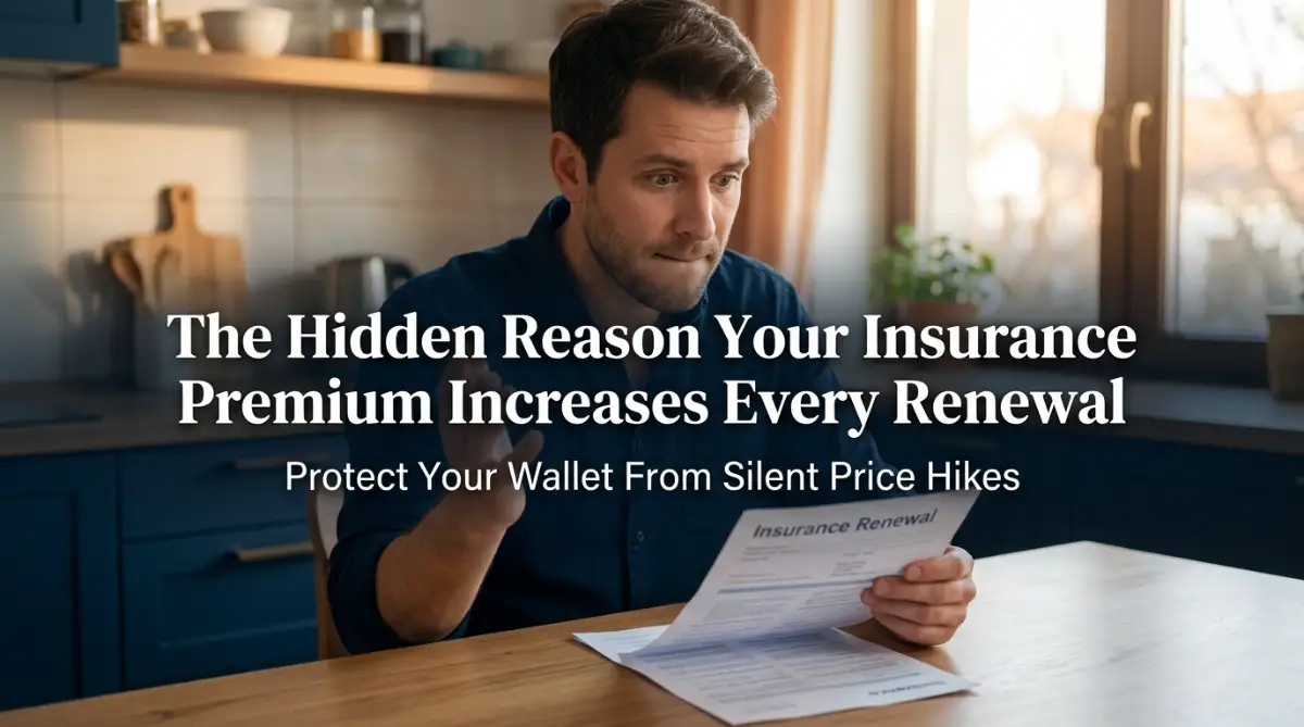 A person looking stressed while reviewing an insurance renewal notice that shows a price increase, illustrating the hidden reasons your insurance premium increases every renewal.