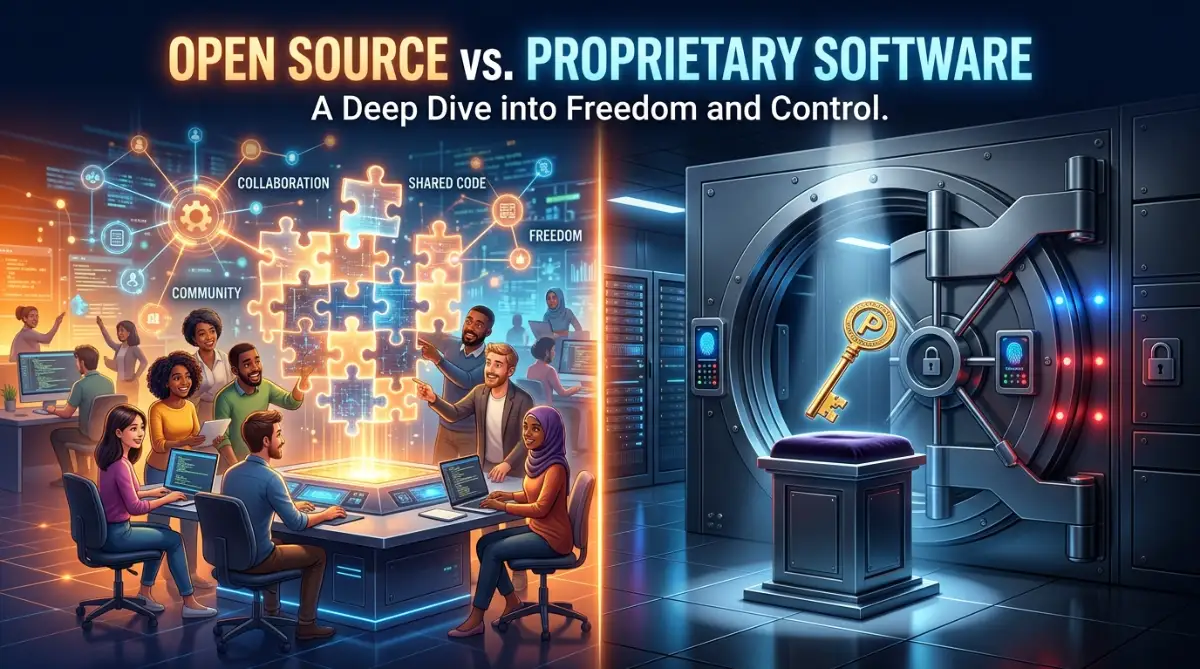 A detailed comparison graphic of open source and proprietary software.