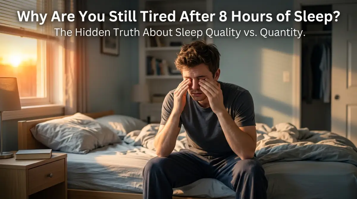 A person sitting on a bed looking tired after waking up, representing sleep quality issues.