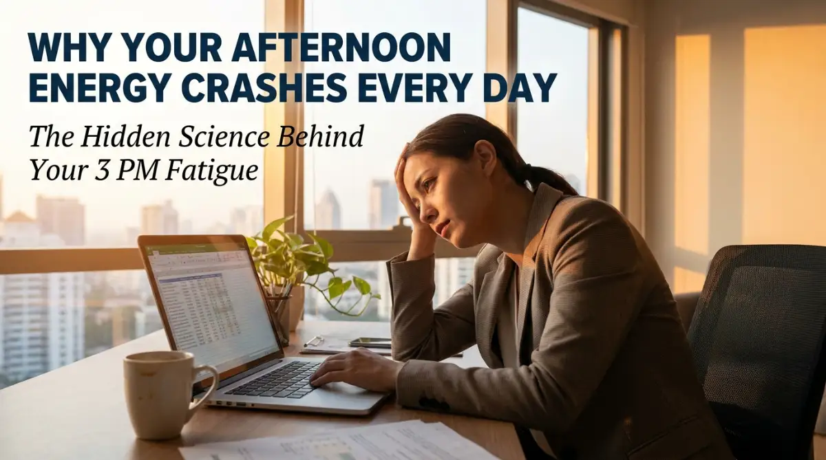 A tired professional struggling with a daily afternoon energy crash while working at a desk during late afternoon hours.