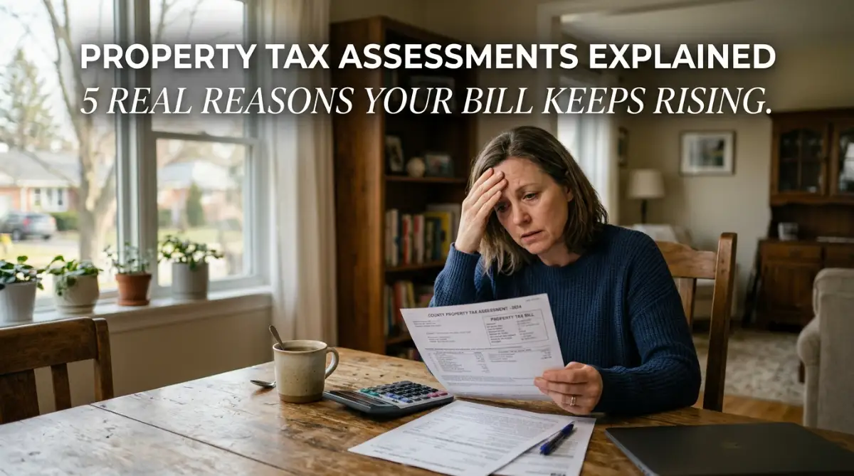 A homeowner examining a property tax assessment document with a stressed look.
