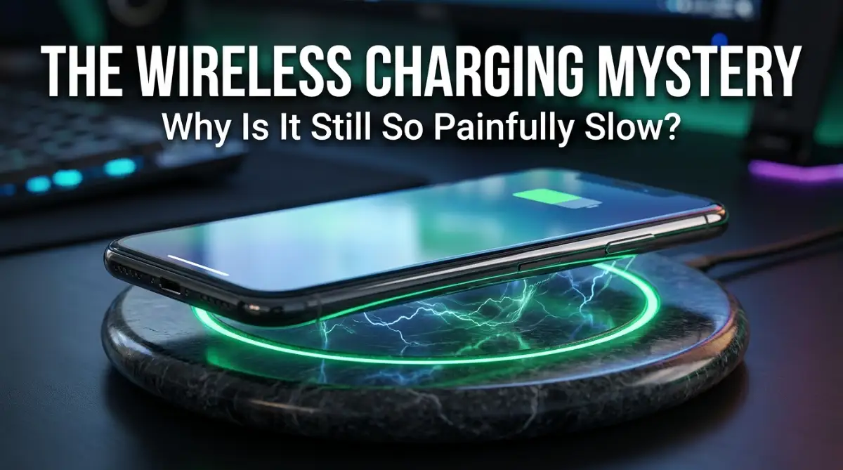 A professional visual showing a smartphone charging wirelessly with energy flow indicators explaining speed limitations.