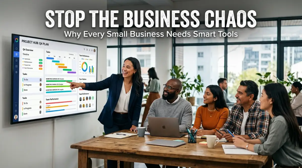 A team of professionals using a digital project management tool to organize their small business tasks efficiently.