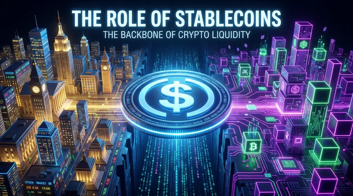A realistic digital image showing how stablecoins act as a bridge for liquidity within the crypto ecosystem to help traders move funds easily.