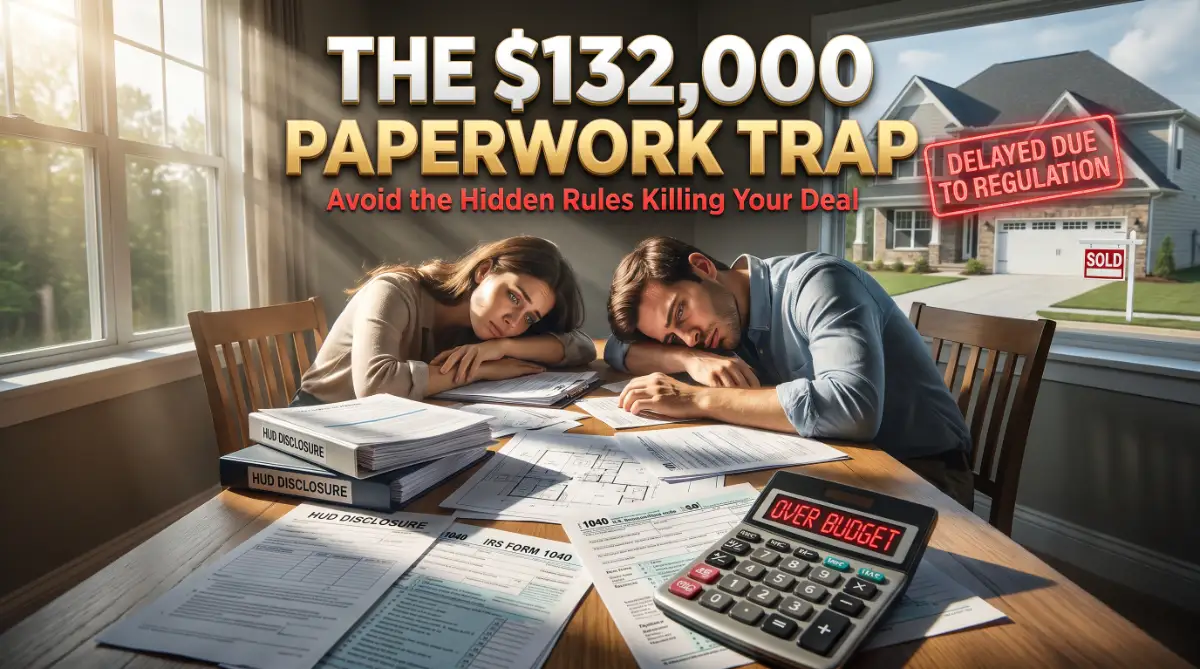A stressed American couple sitting at a table covered in expensive government paperwork and legal forms, with a $132,000 warning sign highlighting the hidden costs and delays of a USA home purchase.