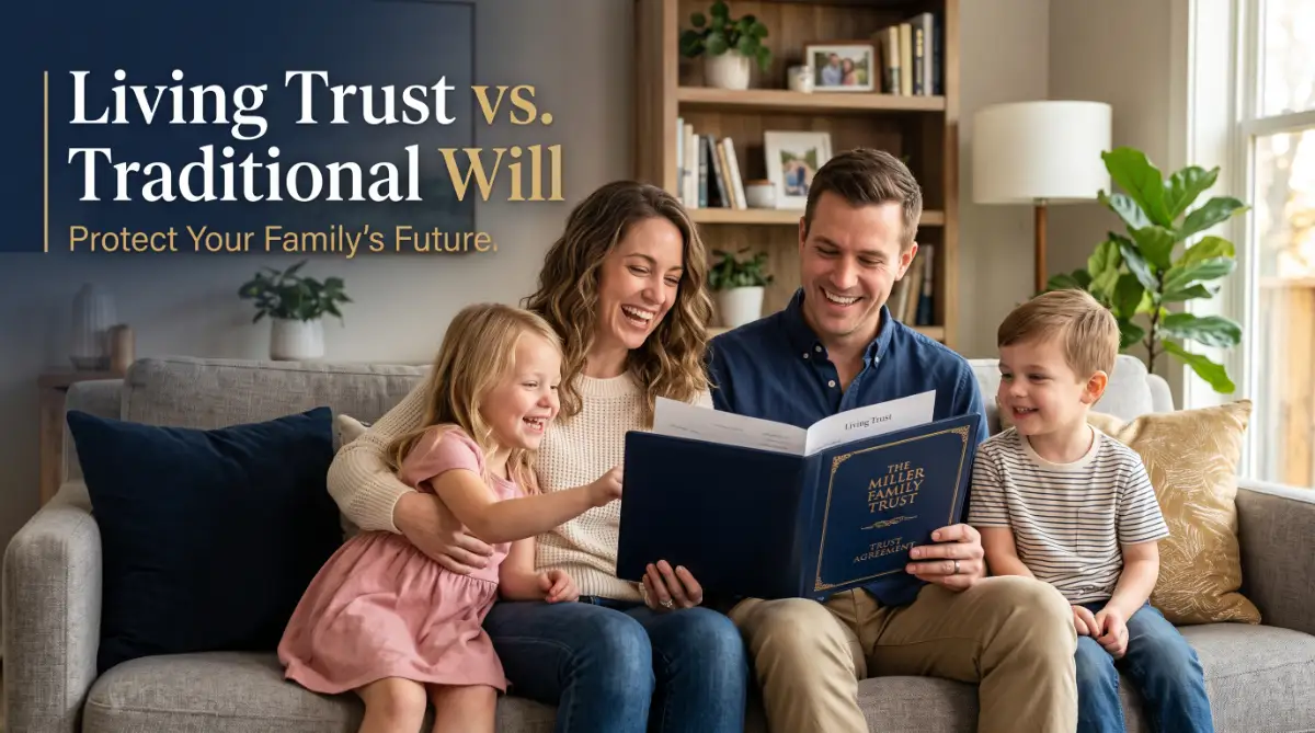 A relieved family sitting together in a modern living room, understanding the difference between living trust and a traditional will to secure their financial future.
