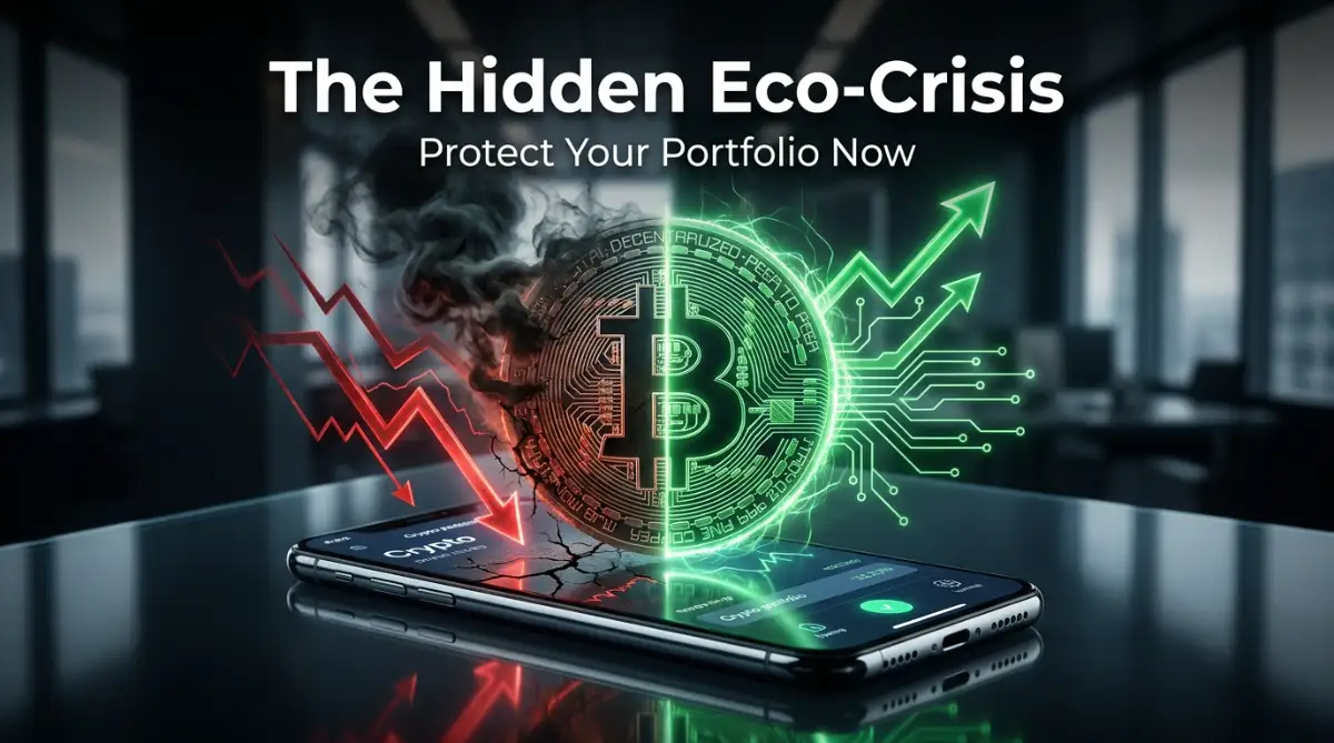 A realistic visual showing a digital coin turning into smoke, representing the cryptocurrency mining environmental impact and the hidden eco-crisis in modern digital portfolios.