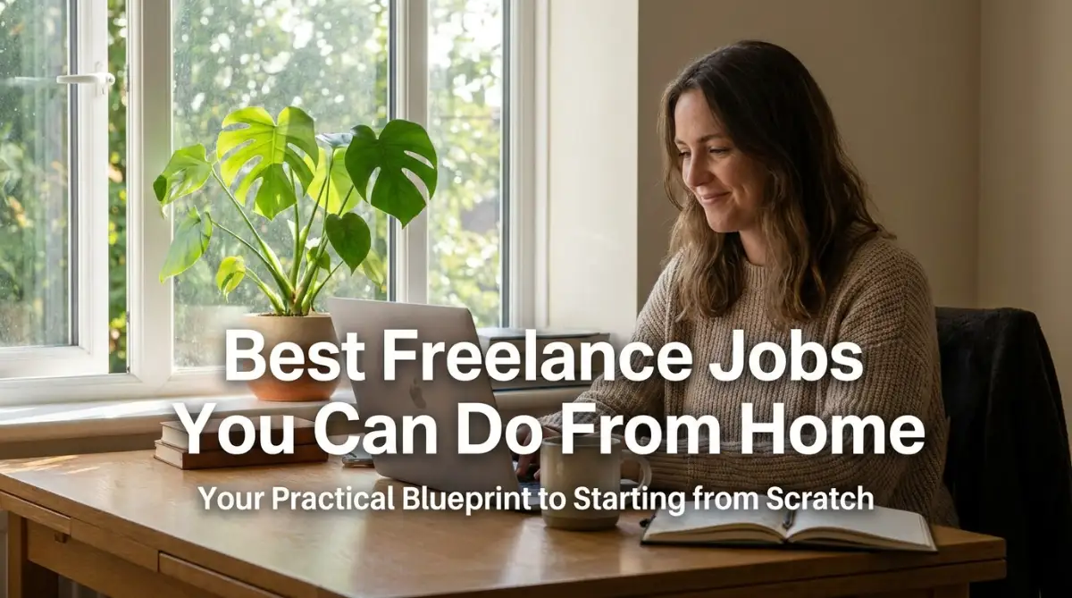 A comfortable and organized home workspace showing a professional working on freelance jobs from home with a laptop and coffee.